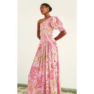 Farm Rio Mixed Lobsters Pink Midi One Shoulder Dress Size Medium New With Tags